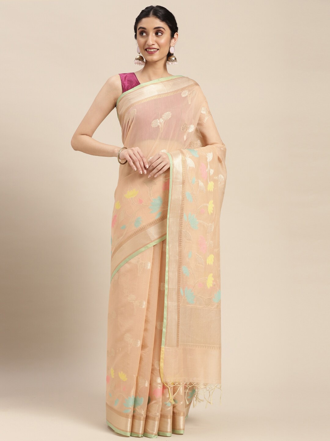 

PTIEPL Banarasi Silk Works Floral Woven Design Zari Banarasi Saree, Beige