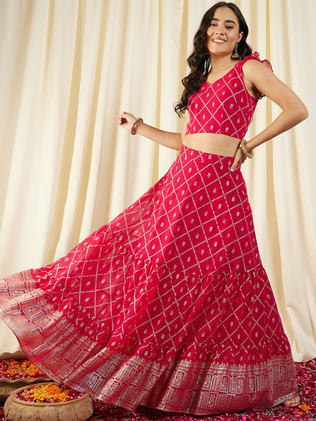 

MABISH by Sonal Jain Geometric Printed Top With Skirt, Magenta