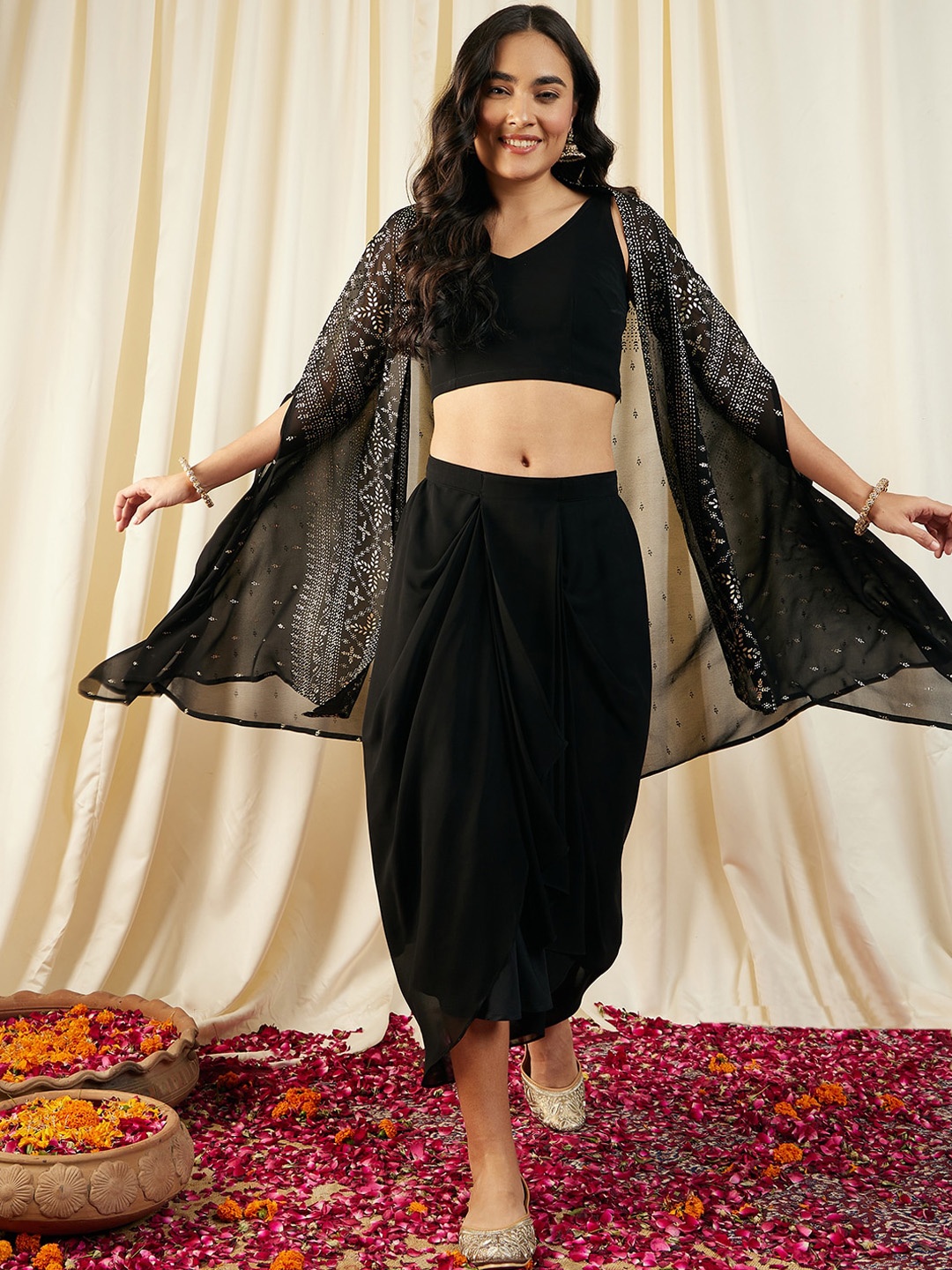 

MABISH by Sonal Jain V-Neck Sleeveless Crop Top With Draped Skirt & Cape, Black