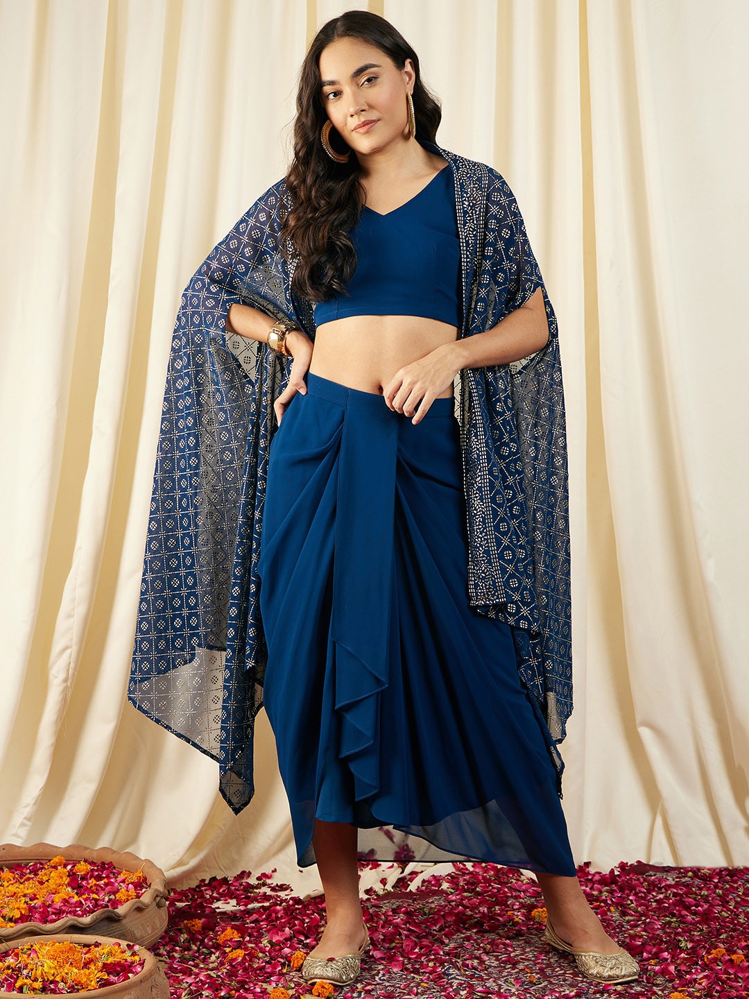 

MABISH by Sonal Jain Crop Top With Draped Skirt & Shrug, Navy blue