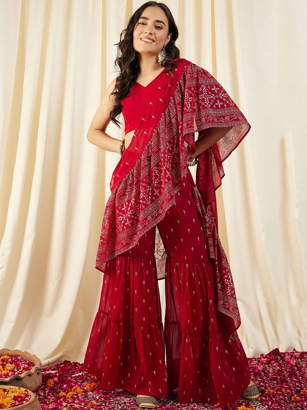 

MABISH by Sonal Jain Sleeveless Crop Top With Sharara & Frill Dupatta Ethnic Co-Ords Set, Maroon