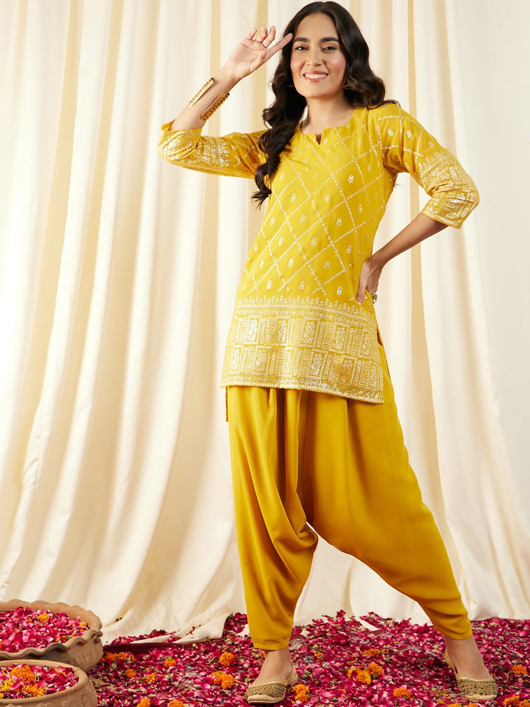 

MABISH by Sonal Jain Ethnic Motifs Printed Kurti With Dhoti Pants, Yellow