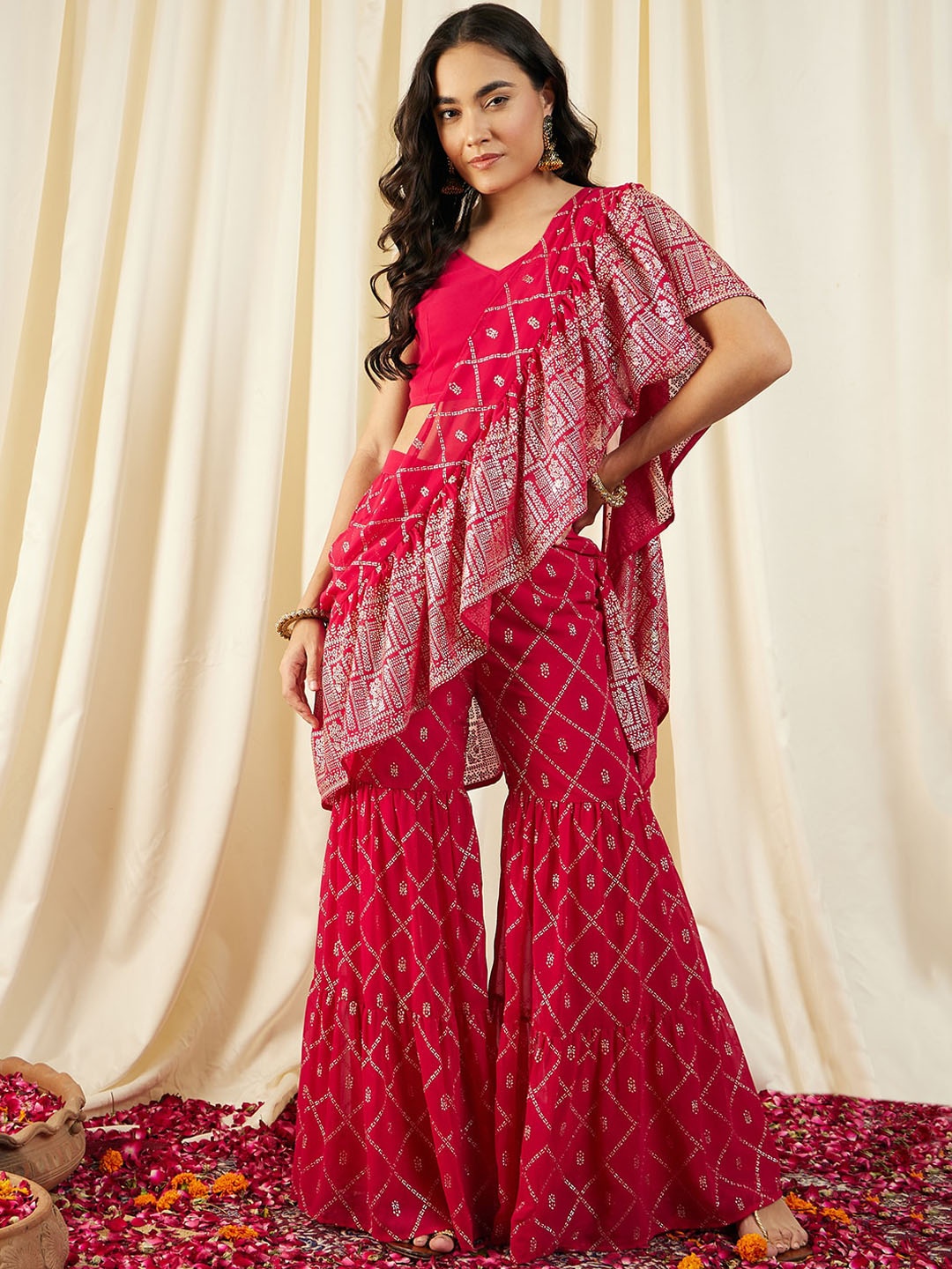 

MABISH by Sonal Jain Sleeveless Crop Top With Sharara & Frill Dupatta Ethnic Co-Ords Set, Magenta