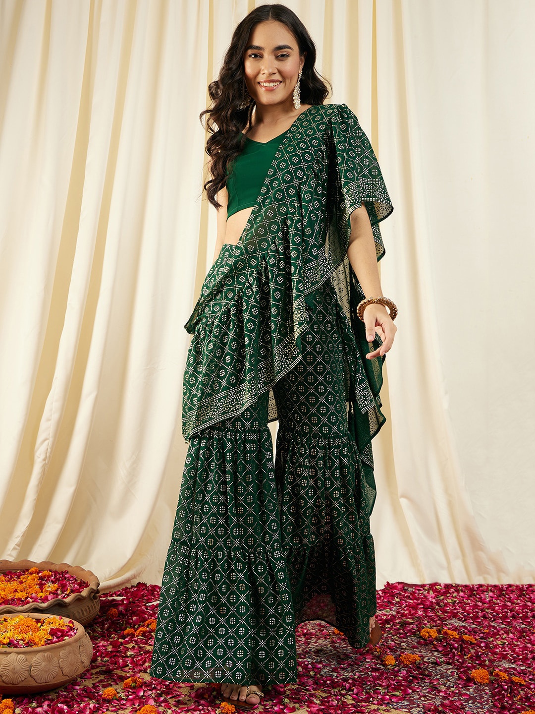 

MABISH by Sonal Jain Crop Top With Sharara & Frill Dupatta Ethnic Co-Ords Set, Green