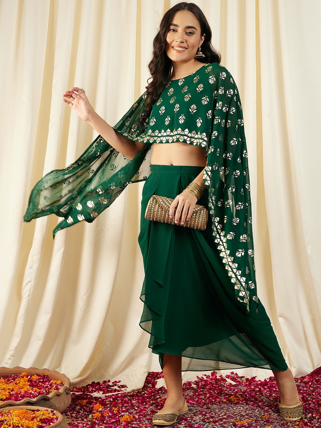 

MABISH by Sonal Jain Cape Top With Draped Skirt, Green
