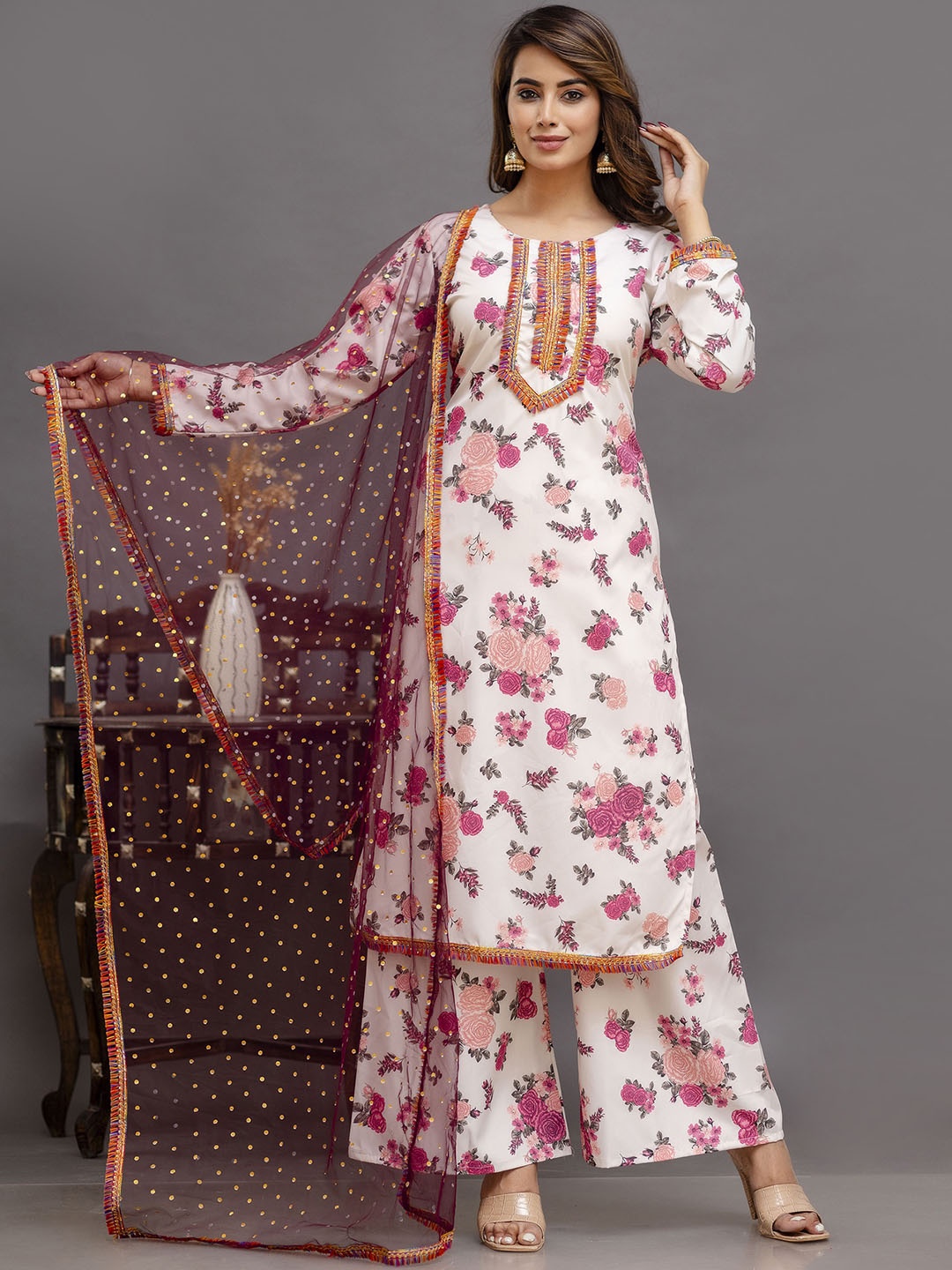 

Shedika Floral Printed Regular Gotta Patti Kurta With Palazzos & Dupatta, Beige