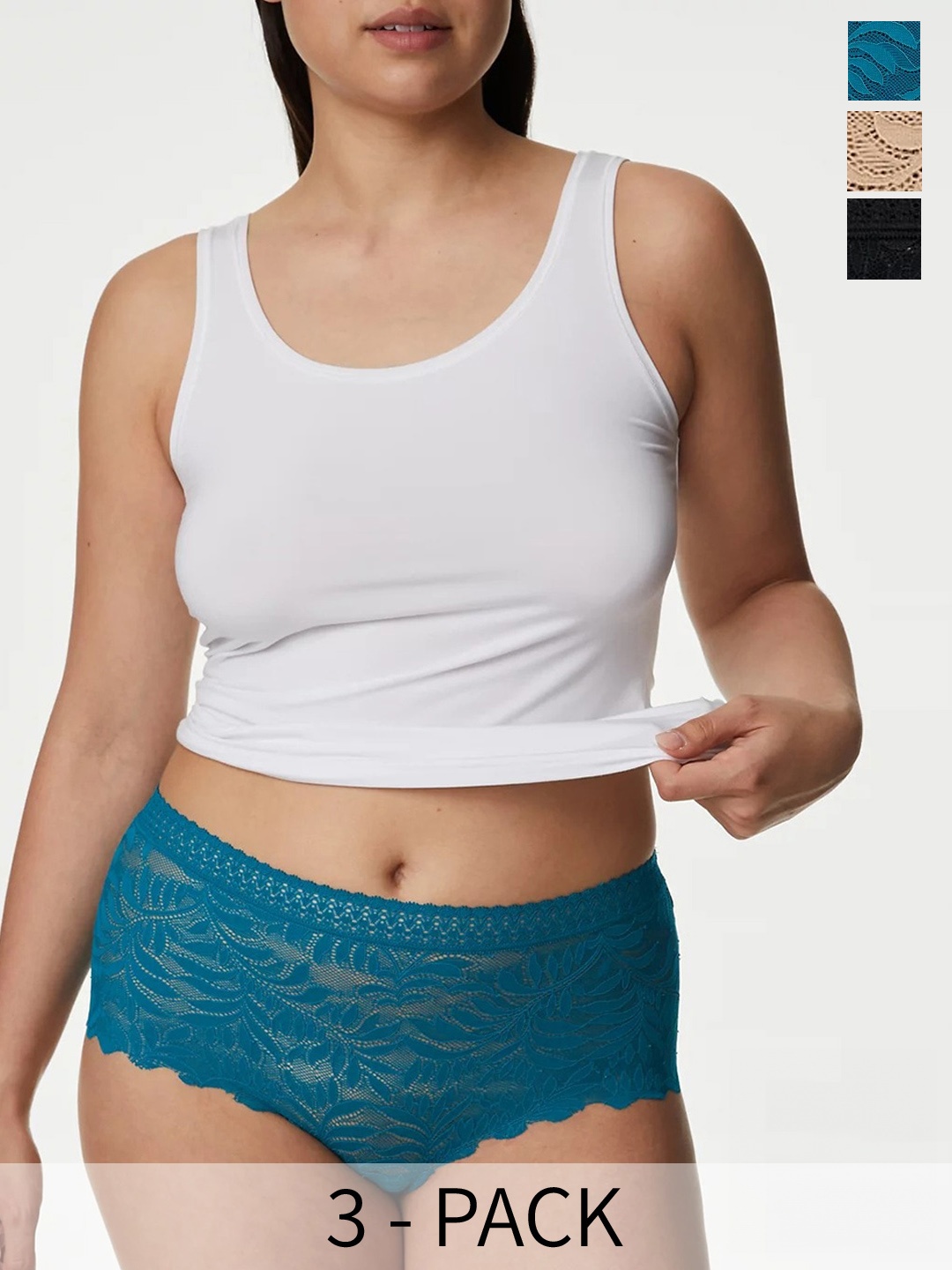 

Marks & Spencer Pack of 3 Floral Printed Lace Basic Briefs, Teal