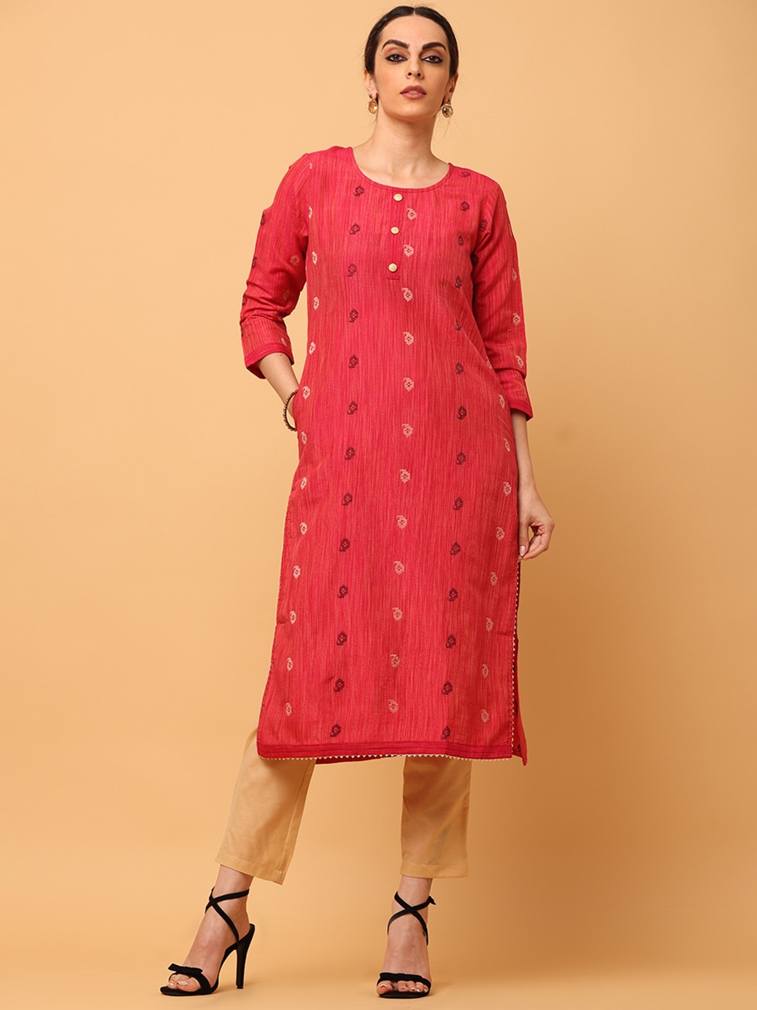 

aayusika Red Ethnic Motifs Woven Design Gotta Patti Straight Kurta & Trouser With Dupatta