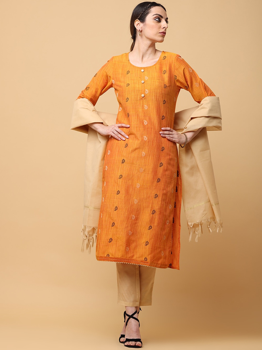 

aayusika Ethnic Motifs Woven Design Butta Work Kurta with Trousers & Dupatta, Orange