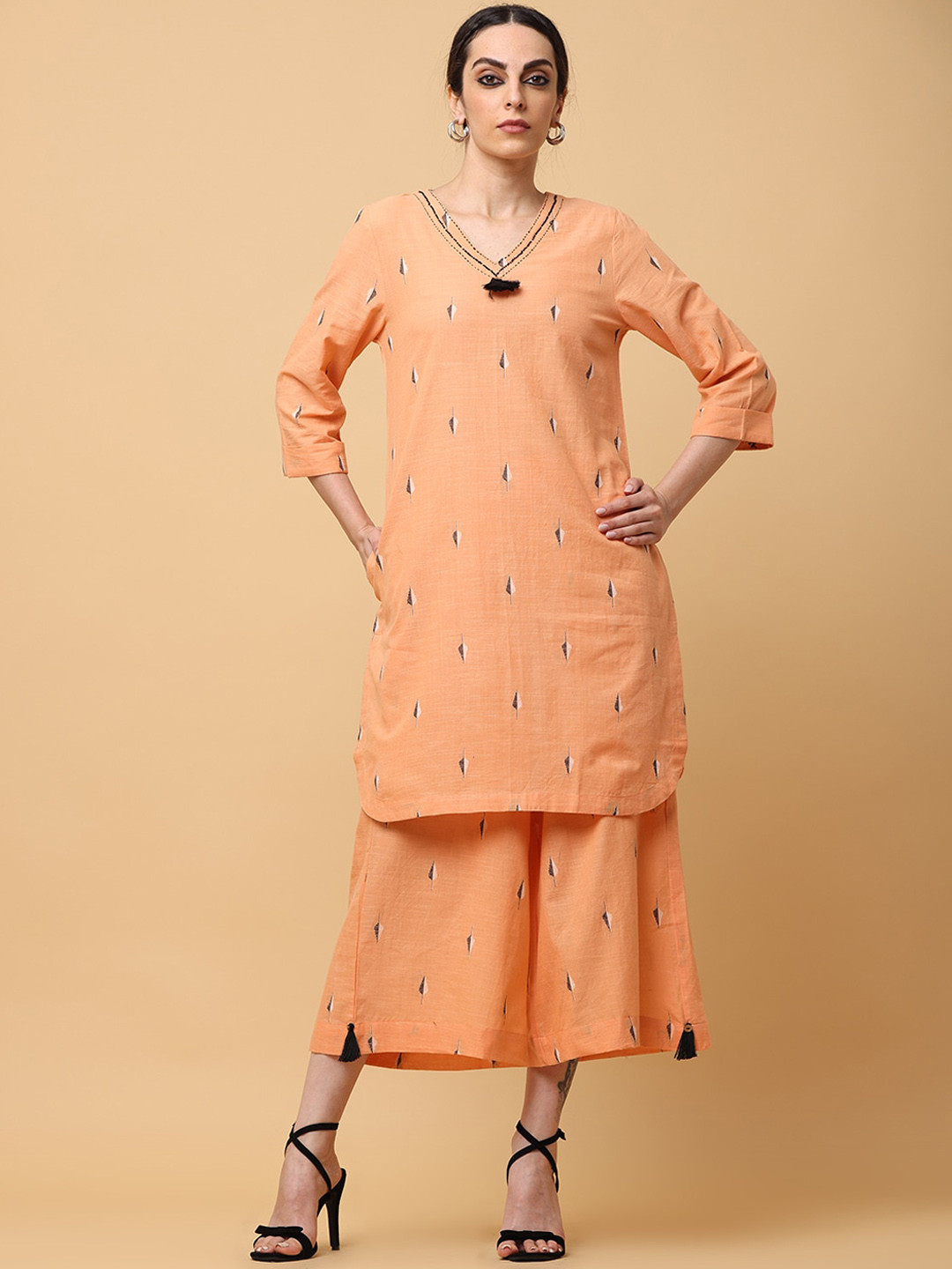 

aayusika Ethnic Motifs Printed Butta Work V-Neck Kurta with Palazzos, Orange