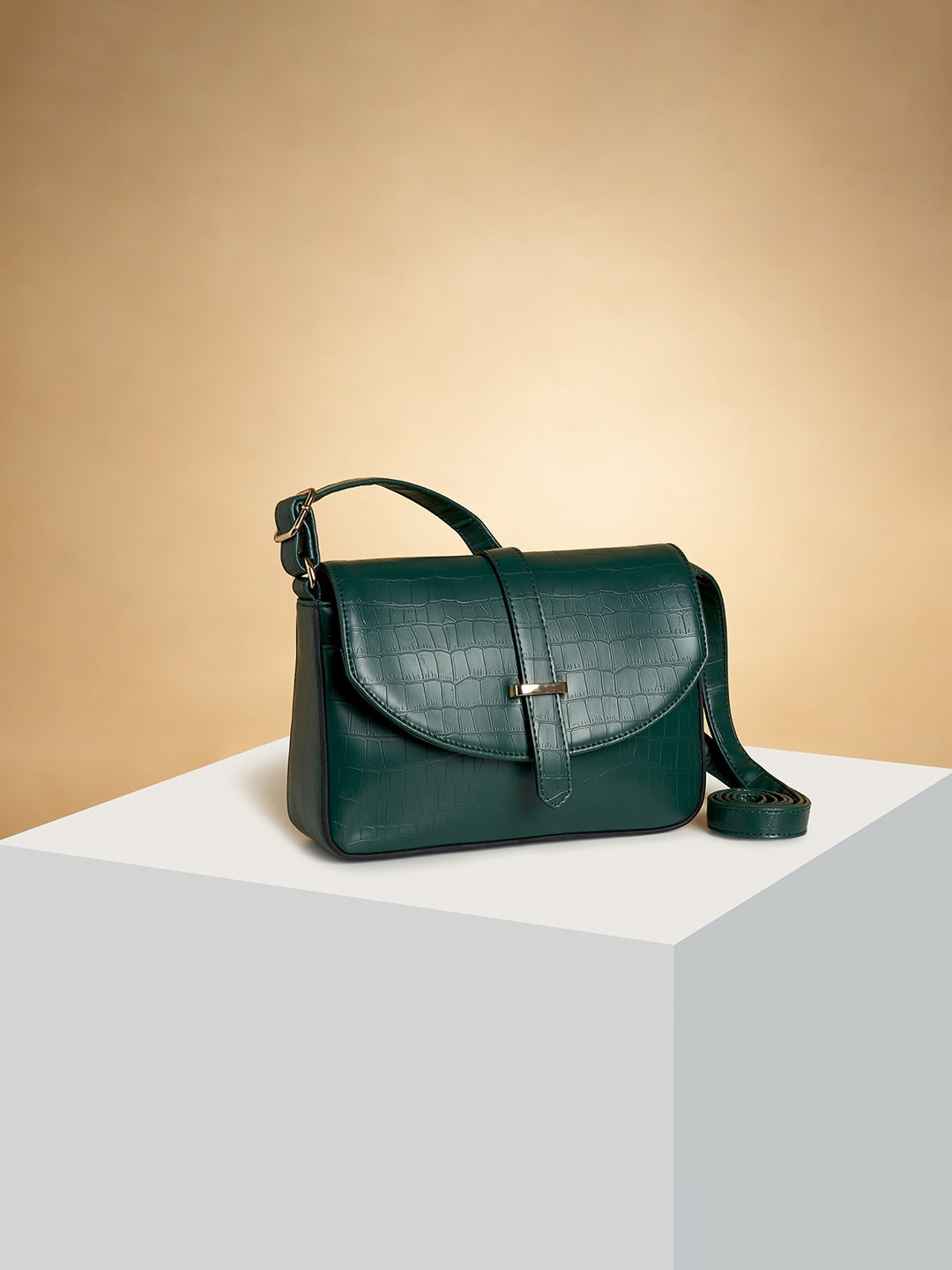 Forever Glam by Pantaloons Textured Structured Sling Bag, Green