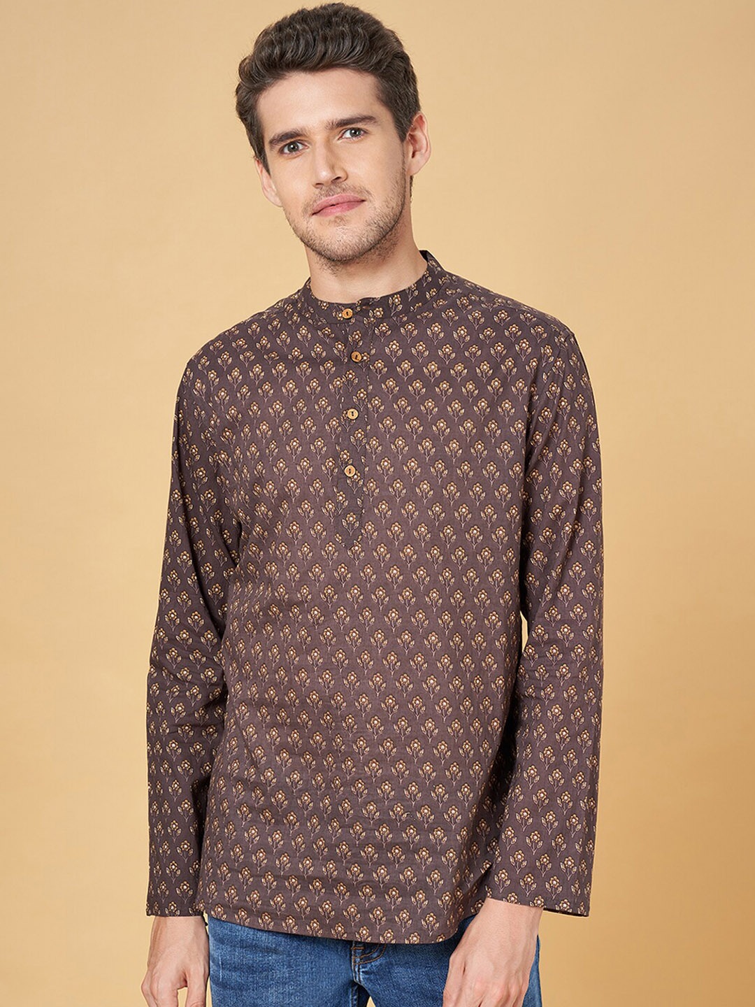 

YU by Pantaloons Floral Printed Band Collar Pure Cotton Straight Kurta, Brown