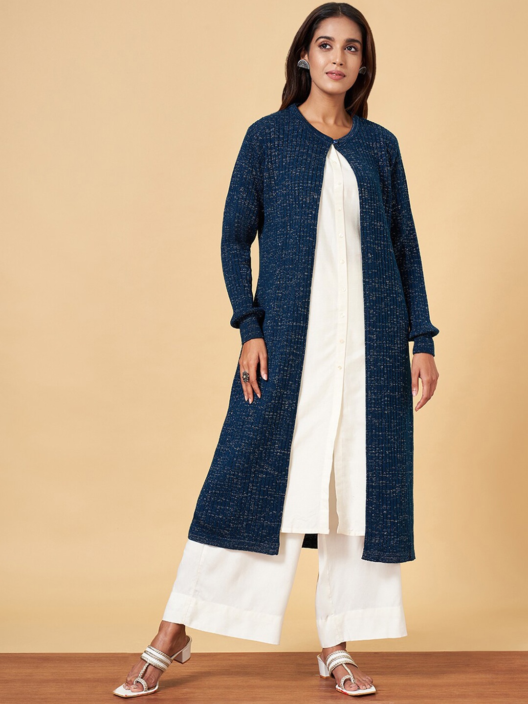 

YU by Pantaloons Cable Knit Longline Cardigan, Teal