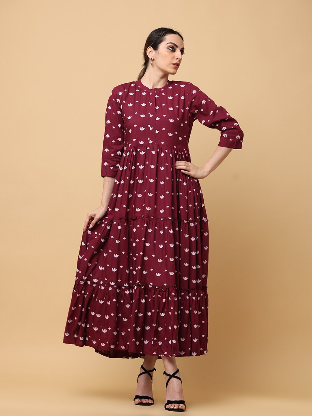 

aayusika Floral Printed Mandarin Collar Tiered Maxi Fit & Flare Ethnic Dress, Maroon