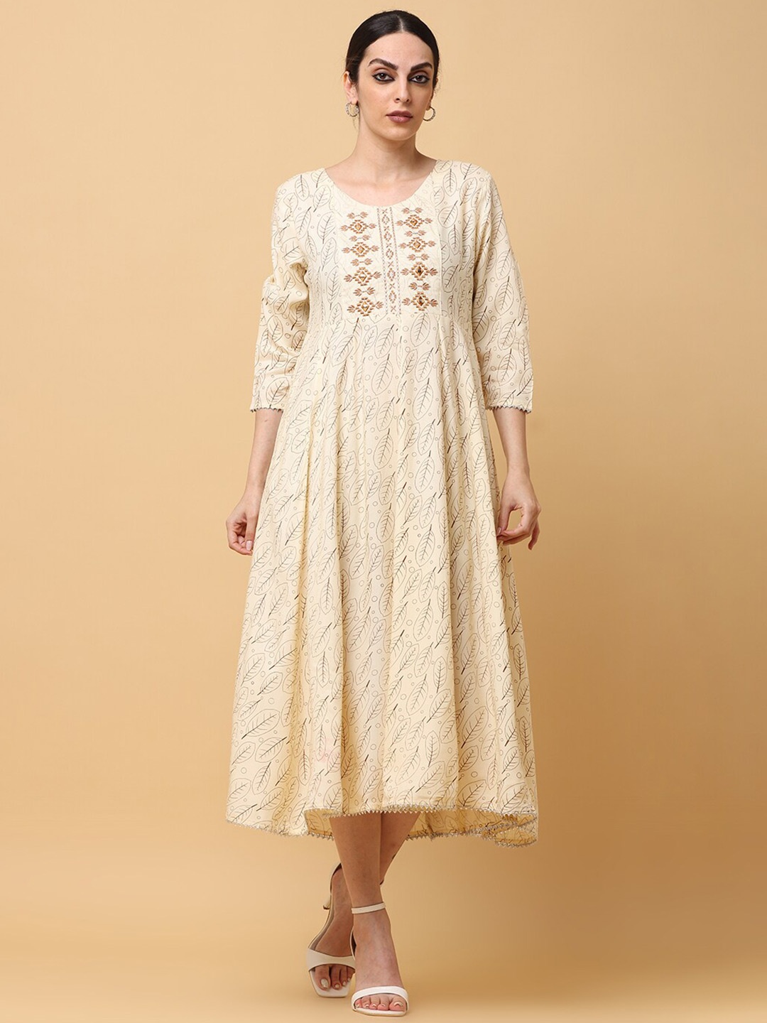 

aayusika Floral Printed Mirror Work Fit & Flare Midi Ethnic Dress, Cream