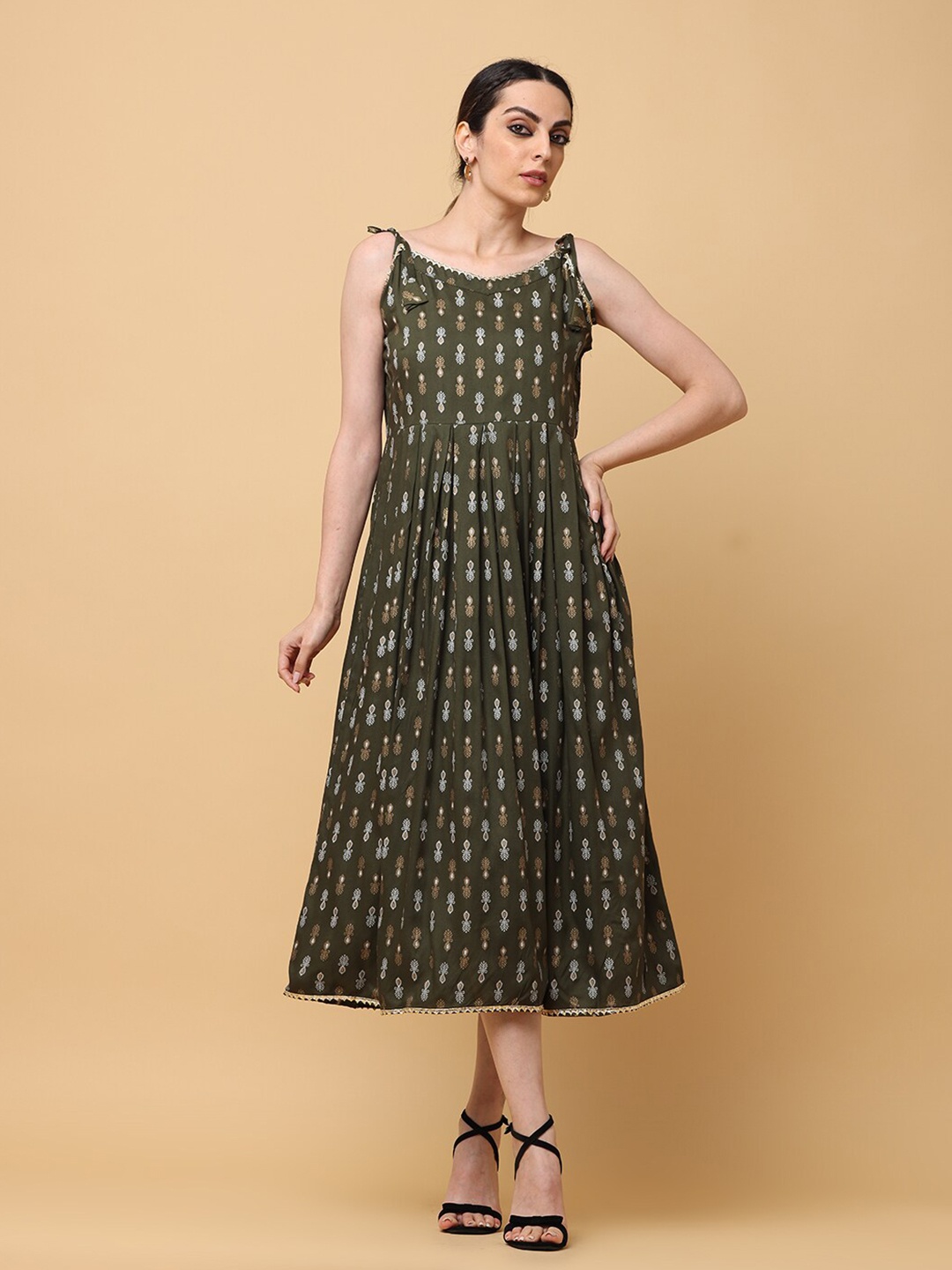 

aayusika Ethnic Motifs Printed Gotta Patti Fit & Flare Midi Ethnic Dress, Olive