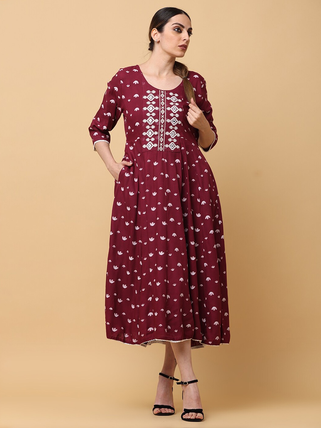 

aayusika Ethnic Motifs Printed Mirror Work Fit & Flare Midi Ethnic Dress, Maroon