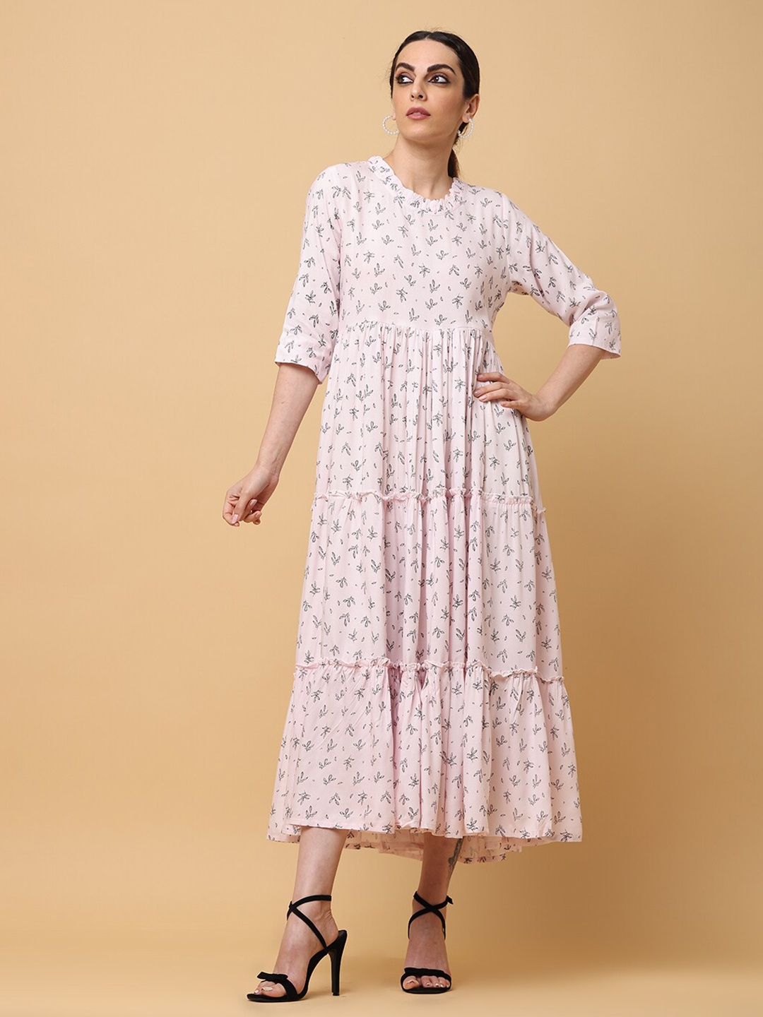 

aayusika Floral Printed Tiered Ruffled Fit & Flare Midi Dress, Pink