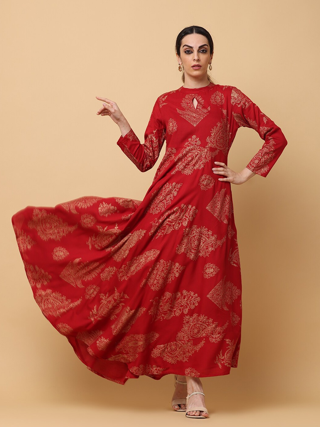 

aayusika Ethnic Motifs Printed Keyhole Neck Fit & Flare Maxi Ethnic Dress, Maroon