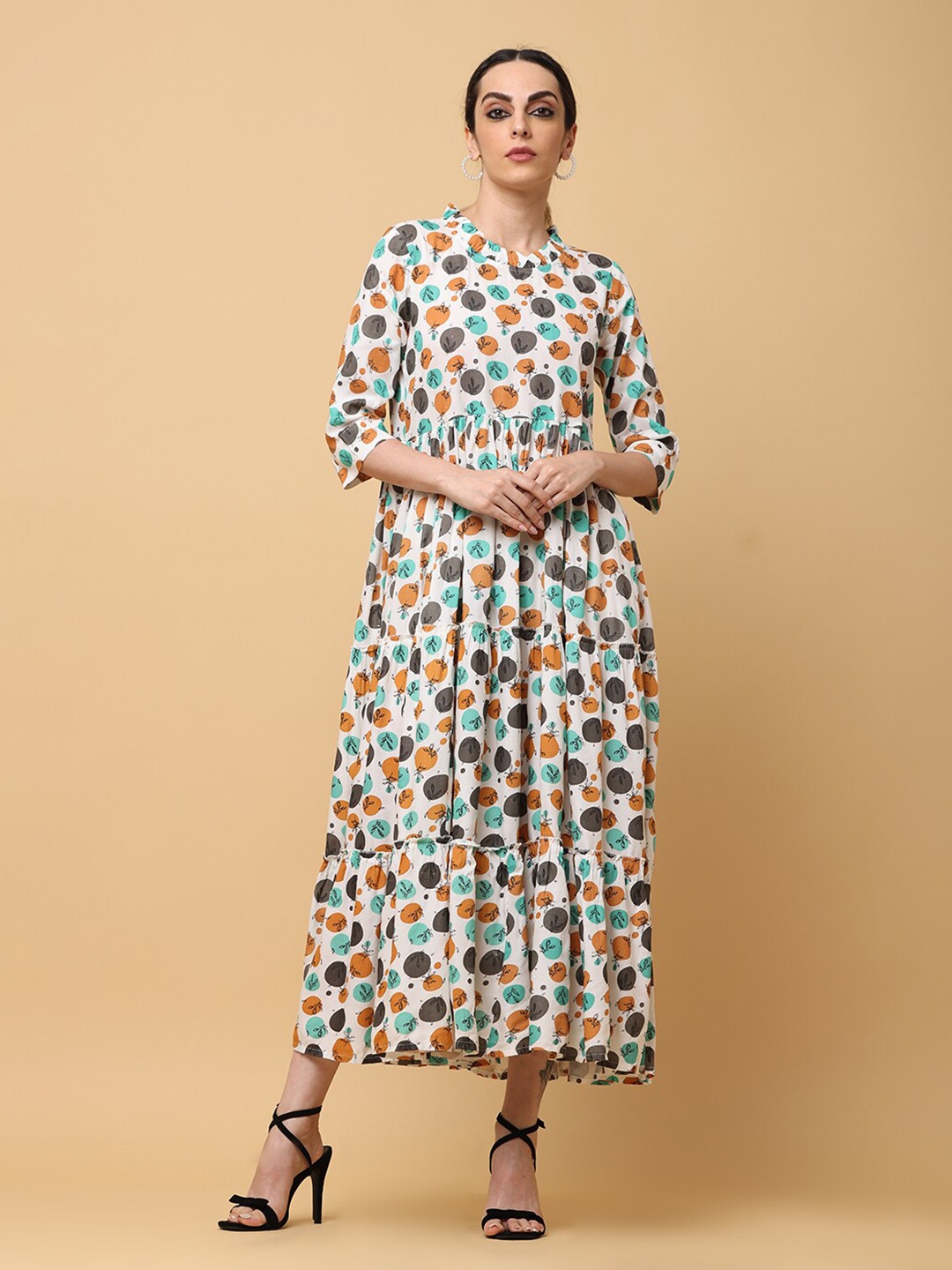 

aayusika Printed High Neck Tiered A-line Maxi Dress, Cream