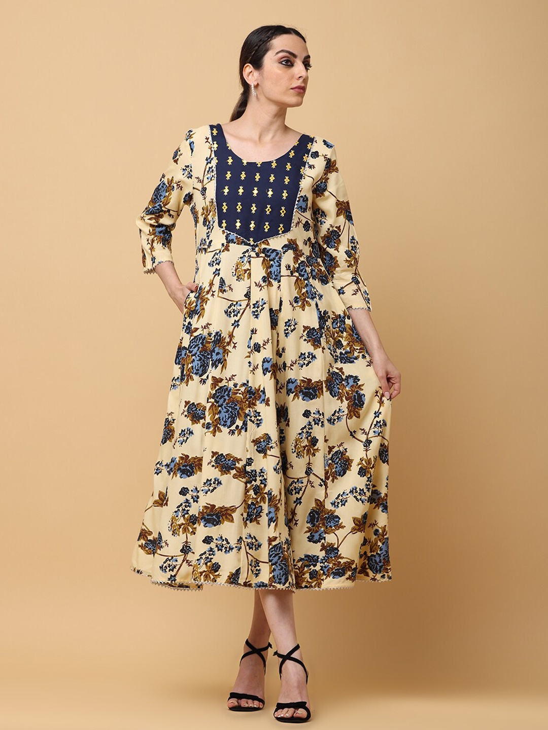 

aayusika Floral Printed Gotta Patti Mirror Work Fit & Flare Midi Ethnic Dress, Beige