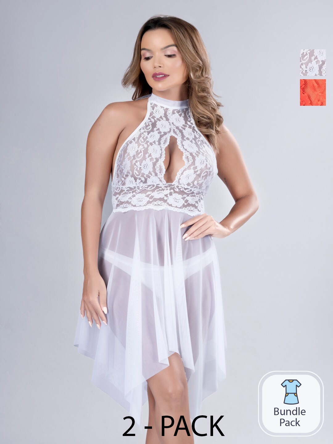 

Herryqeal Pack Of 2 Self Design Halter Neck Net Baby Doll, White