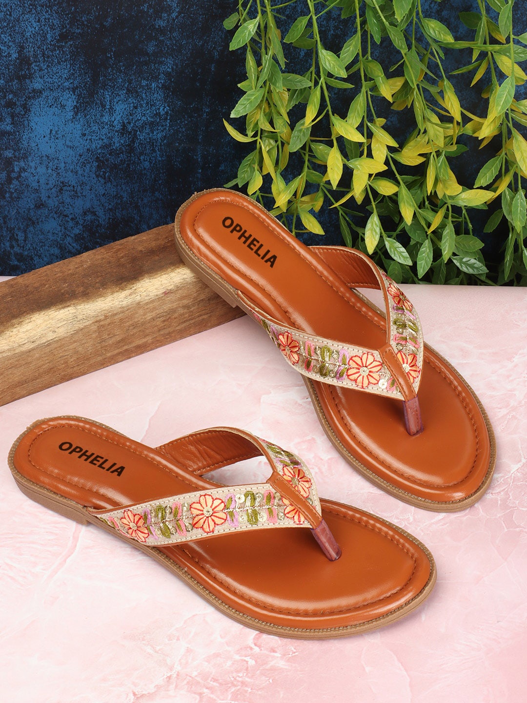 

OPHELIA Embellished Open Toe Flats, Tan