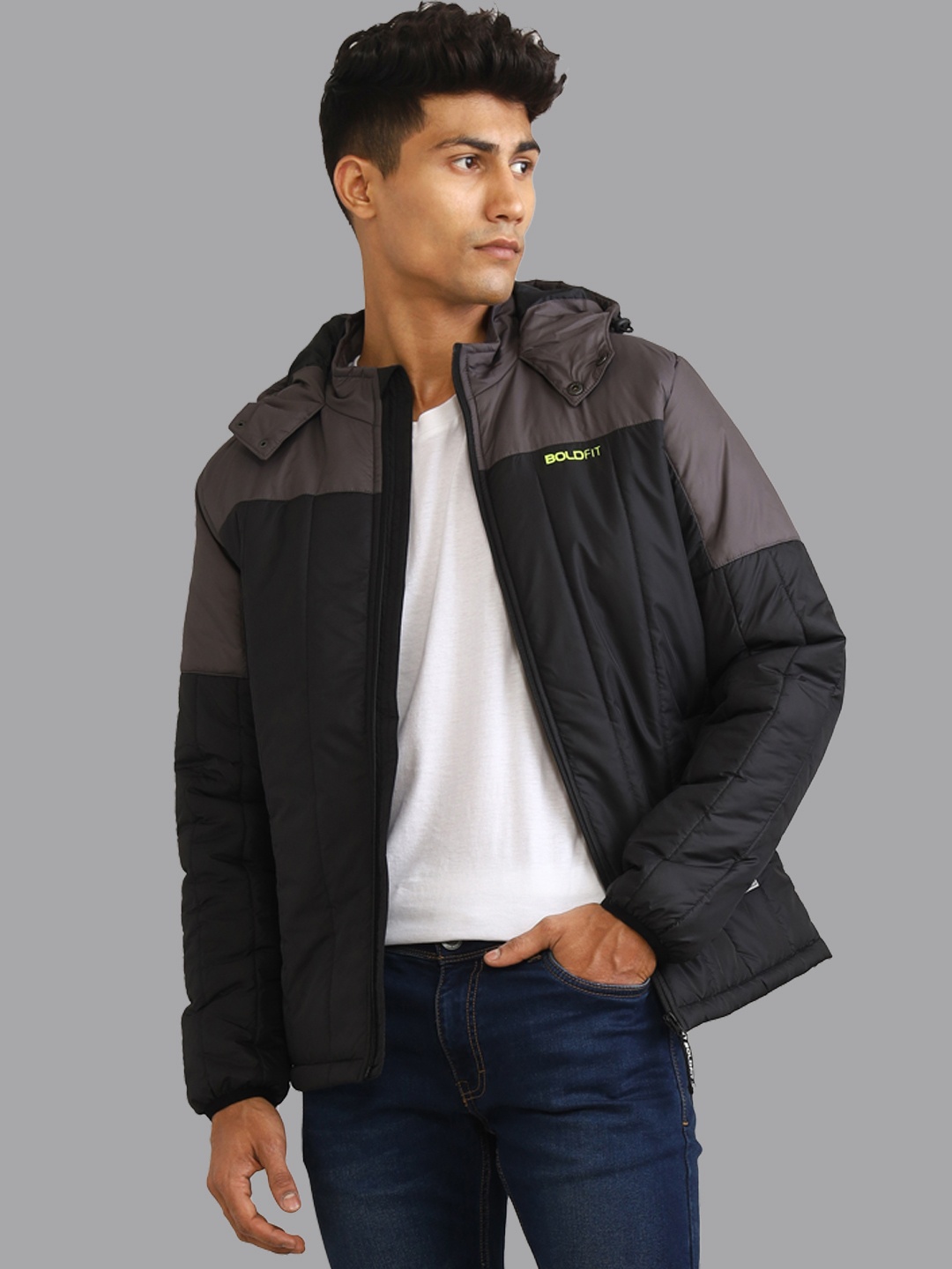 

BOLDFIT Colourblocked Windcheater Outdoor Quilted Hooded Padded Jacket, Black