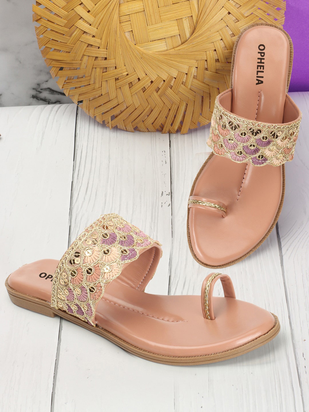 

OPHELIA Ethnic Embellished One Toe Flats, Peach