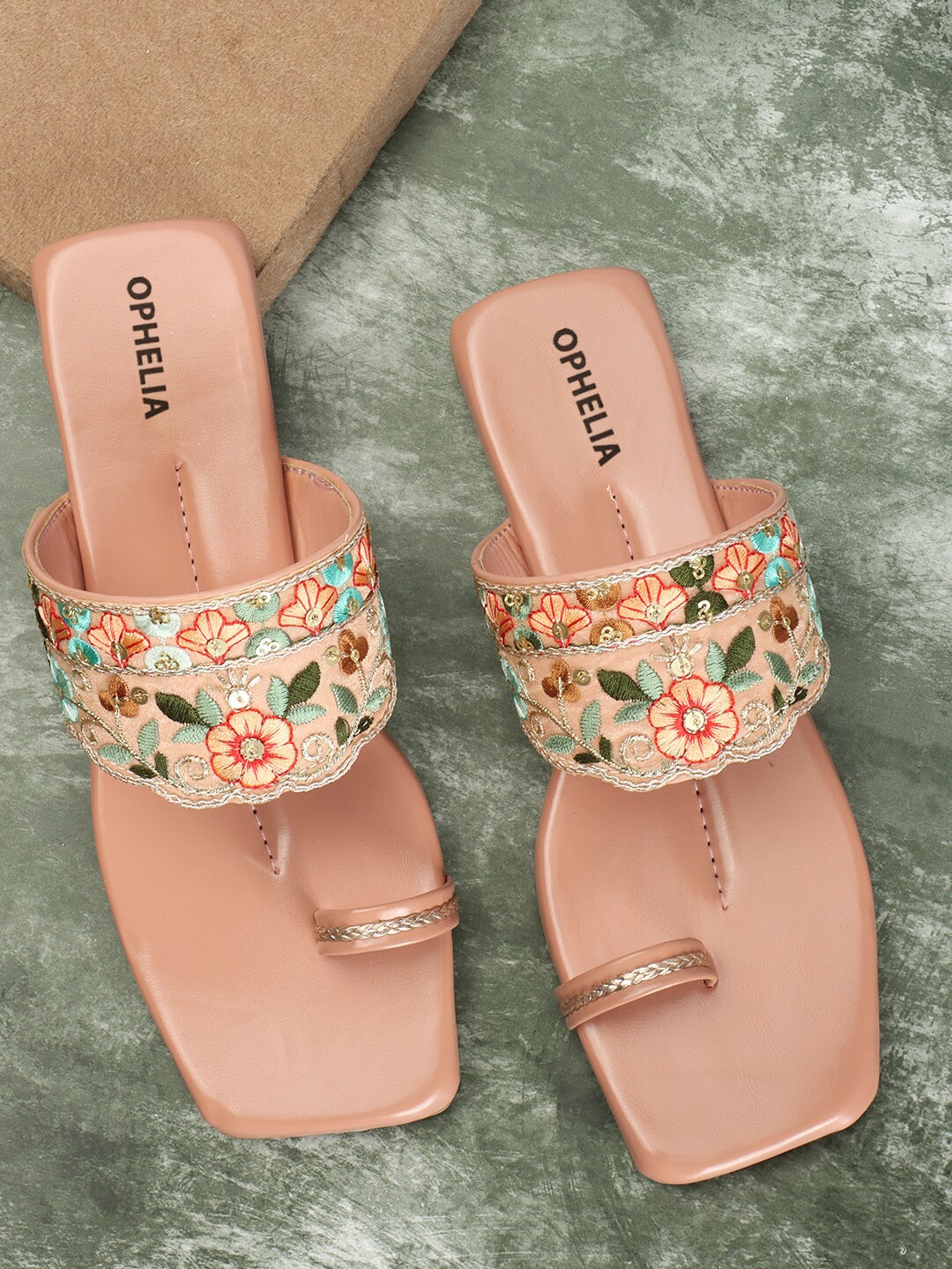 

OPHELIA Ethnic Embellished One Toe Flats, Peach