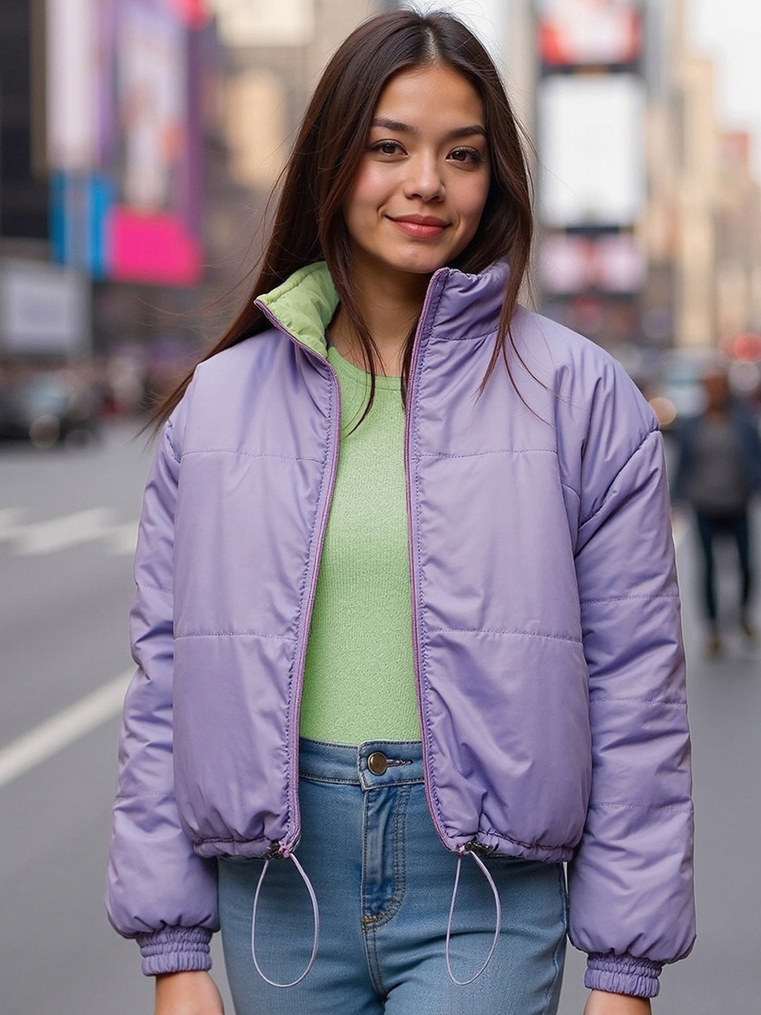 

Bewakoof Plus Stand Collar Windcheater Reversible Crop Puffer Jacket, Lavender