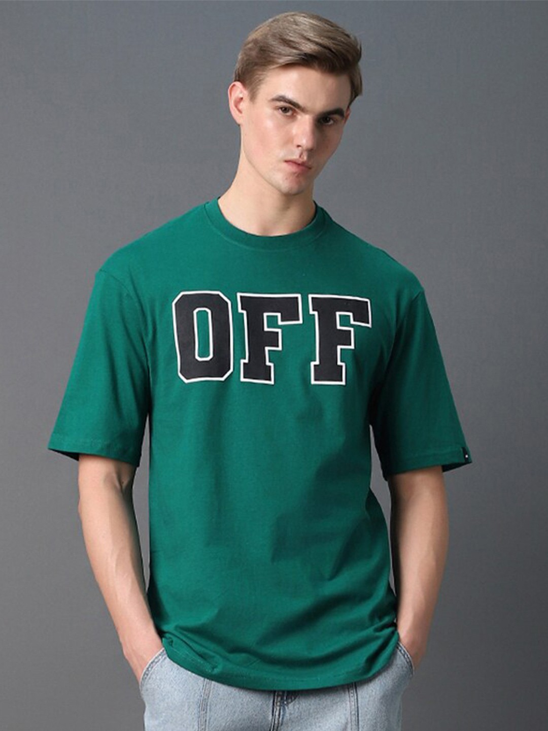 

Bewakoof Typography Printed Oversized Cotton T-shirt, Green