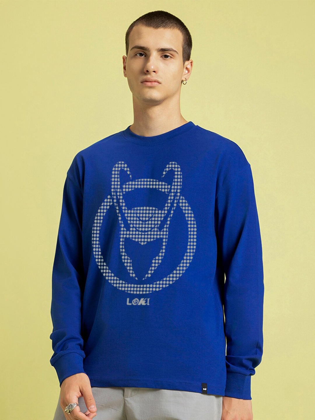 

Bewakoof LOKI Printed Round Neck Oversized Cotton T-shirt, Blue