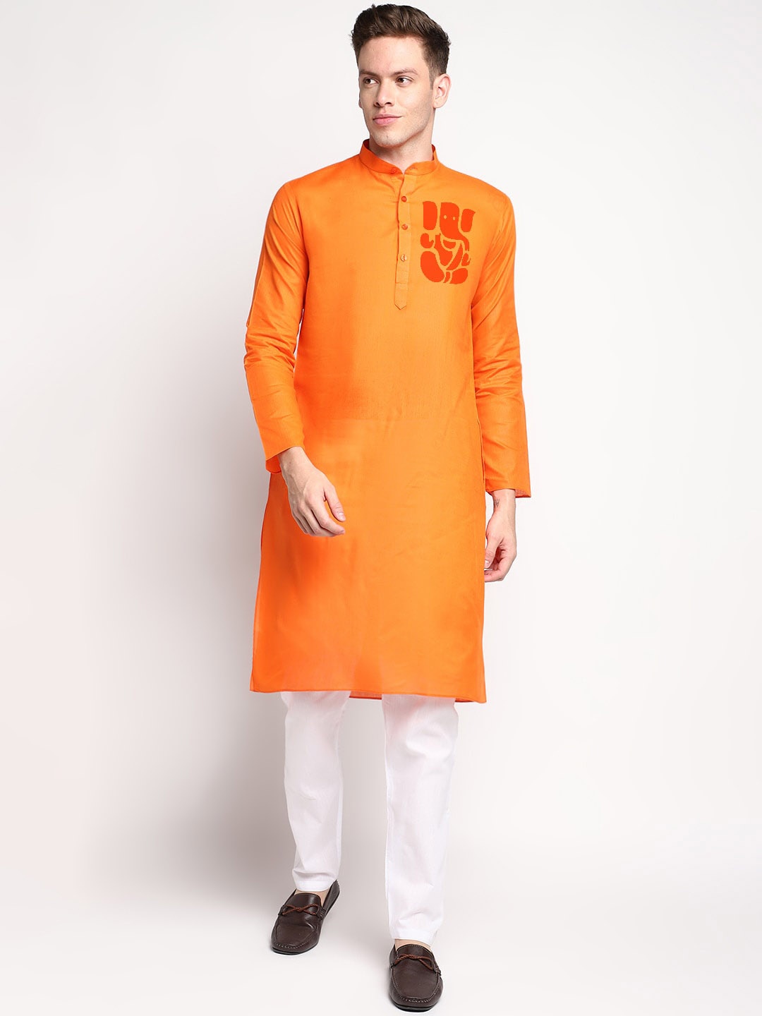 

DEVOILER Lord Ganesha Block Printed Cotton Straight Kurta, Orange