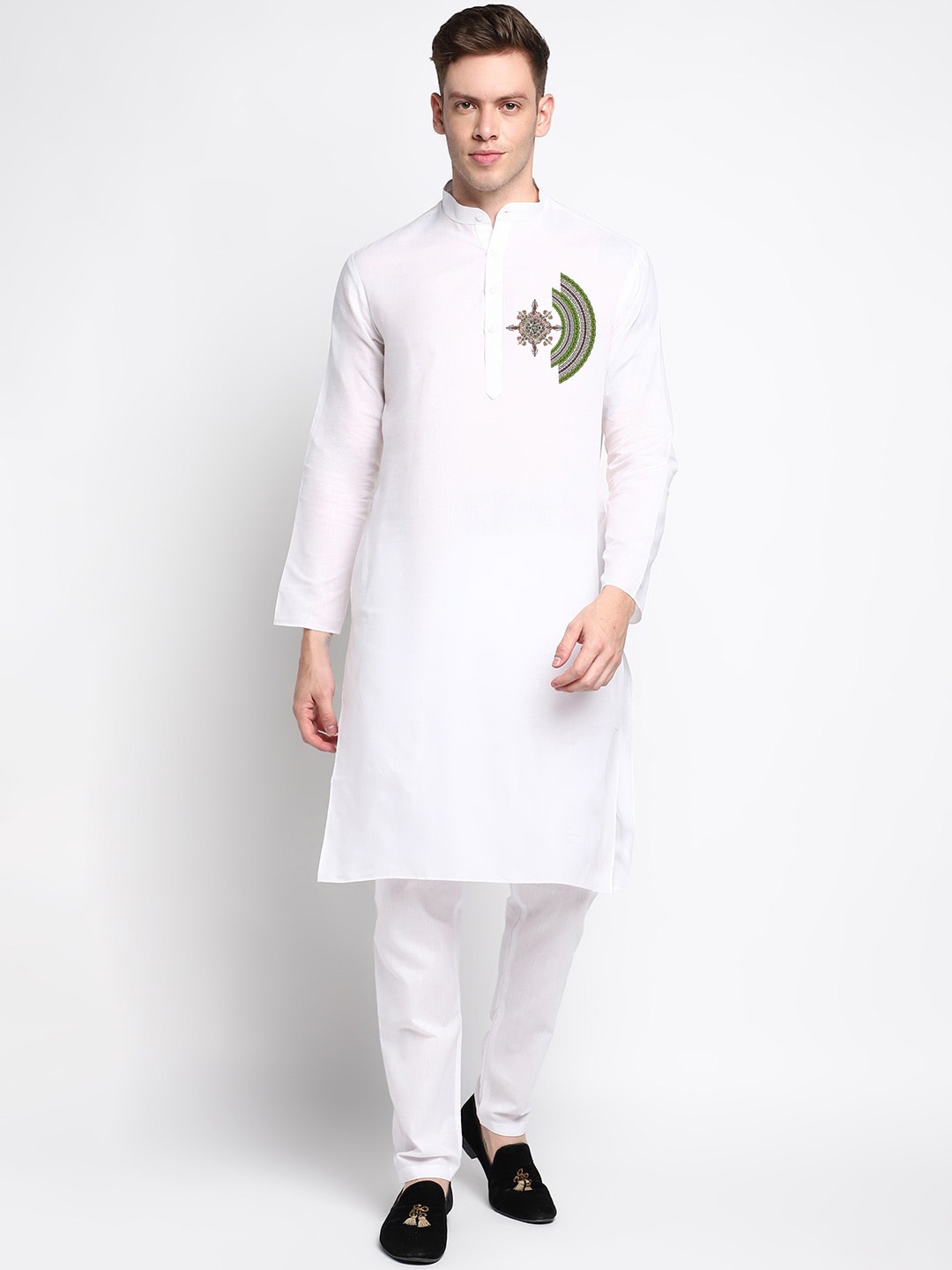 

DEVOILER Ethnic Motifs Printed Straight Band Collar Kurta, White
