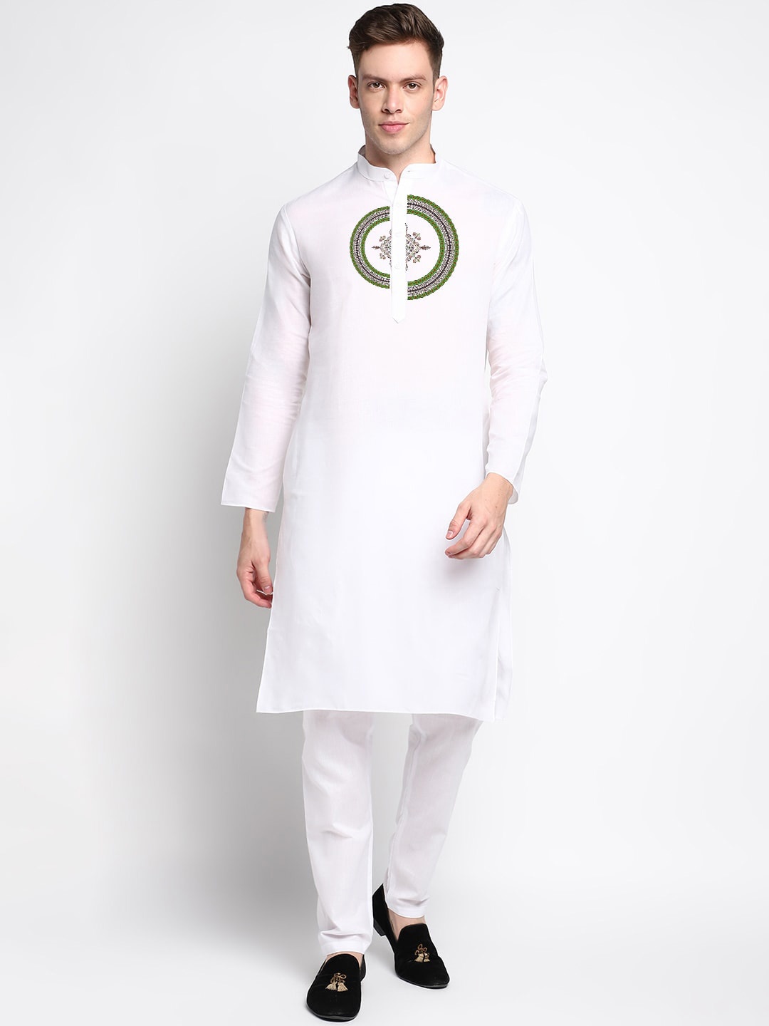 

DEVOILER Ethnic Motifs Printed Band Collar Straight Kurta, White