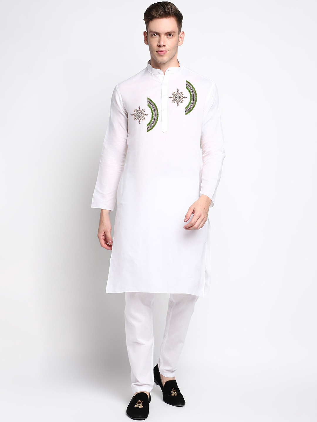 

DEVOILER Ethnic Motif Mandarin Collar Printed Cotton Kurta, White
