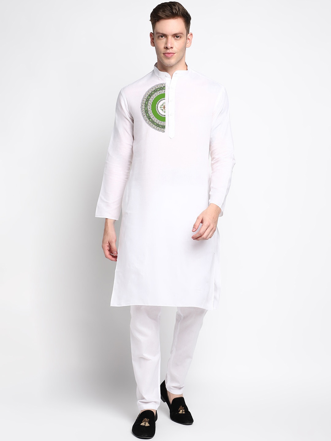

DEVOILER Geometric Printed Band Collar Long Sleeve Straight Kurta, White