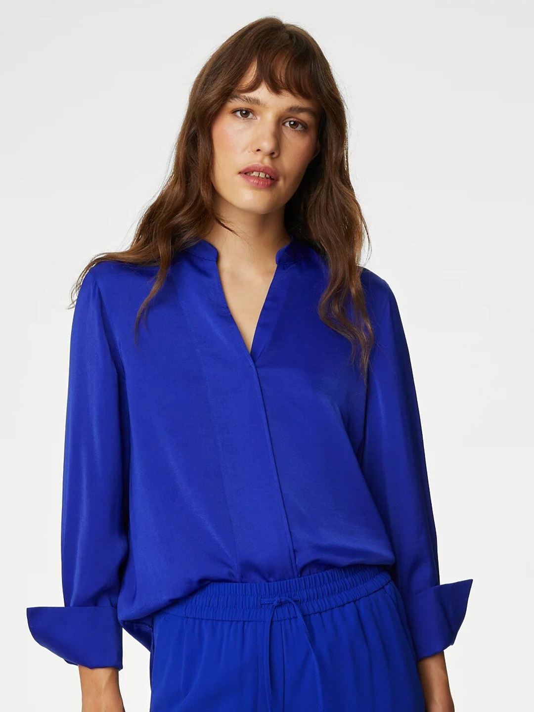 

Marks & Spencer Mandarin Collar Cuffed Sleeves Top, Blue