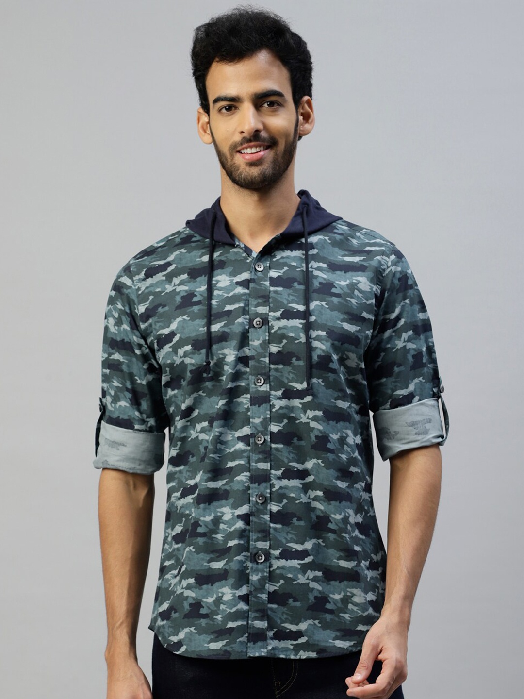 

DON VINO Camouflage Printed Hooded Comfort Opaque Cotton Casual Shirt, Blue