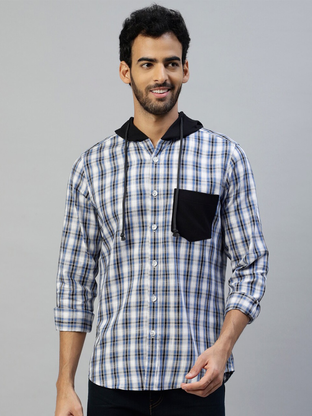 

DON VINO Comfort Tartan Checked Cotton Hooded Casual Shirt, White