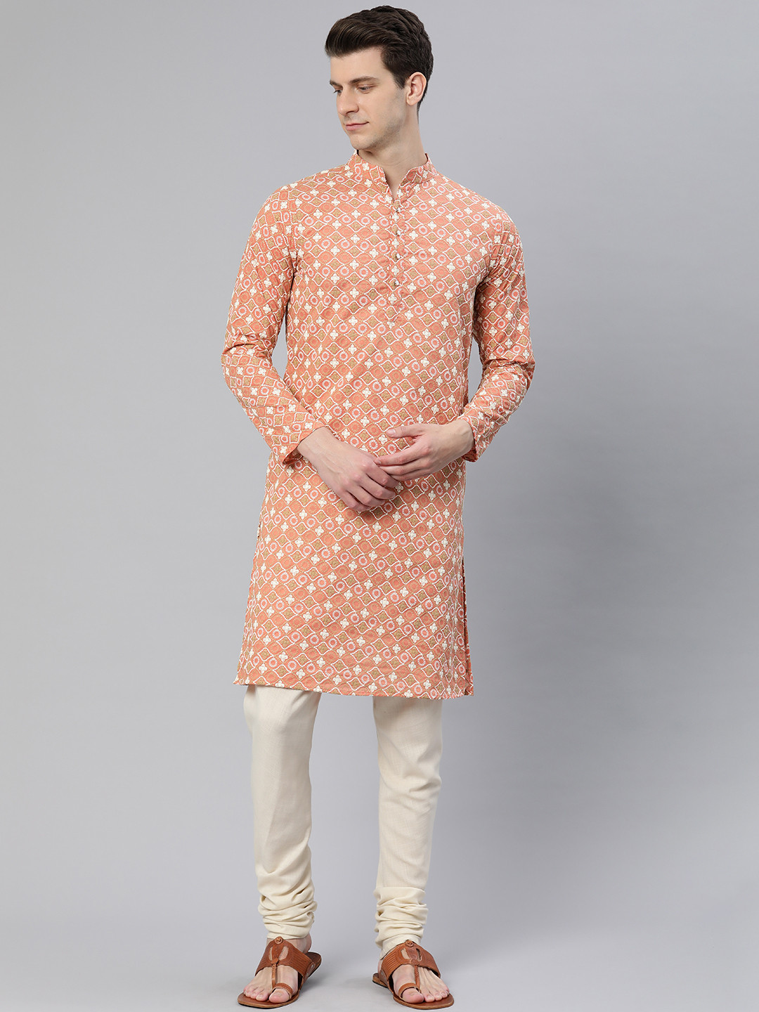 

Majestic Man Ethnic Motifs Embroidered Chikankari Kurta, Peach