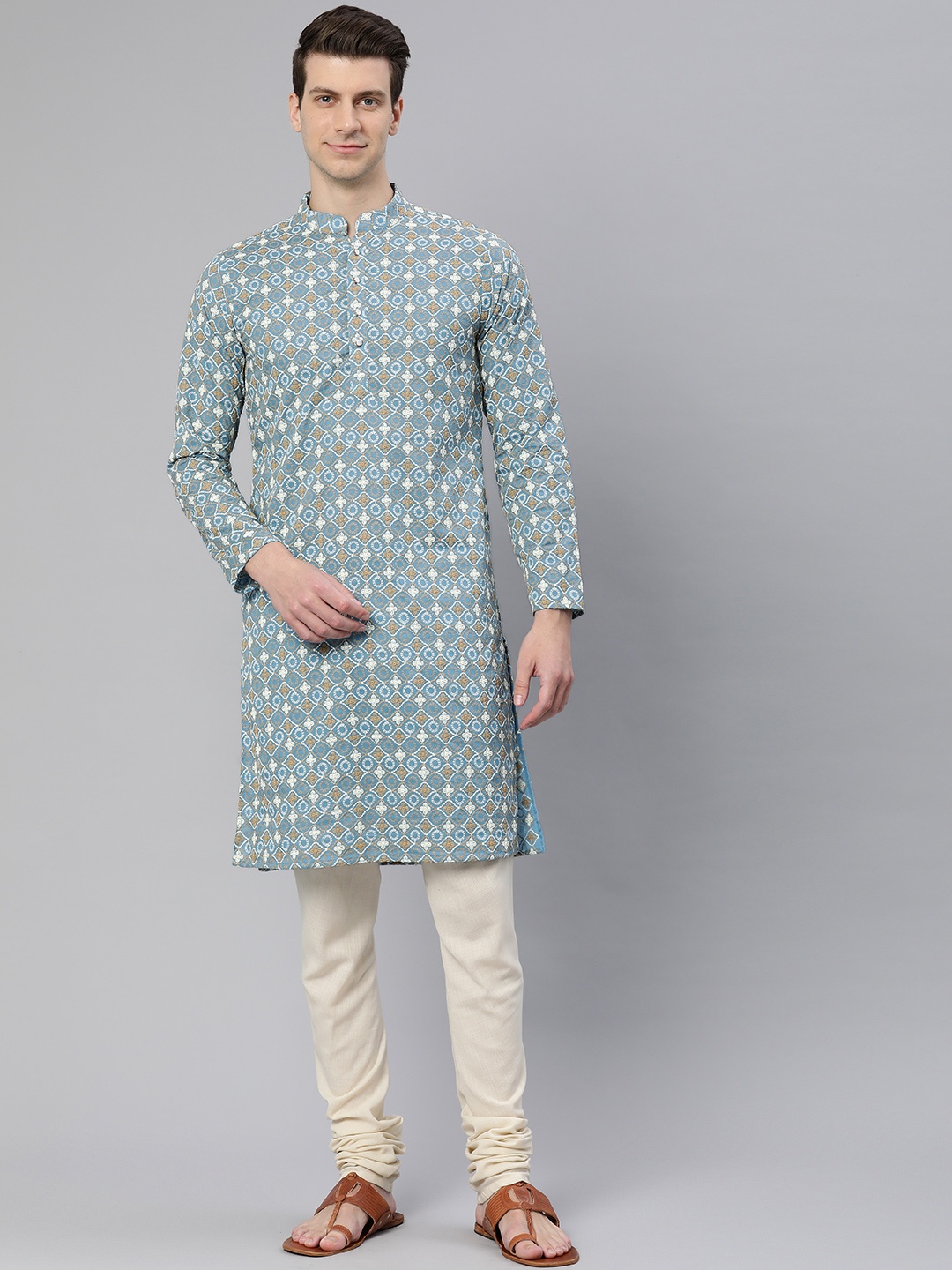 

Majestic Man Ethnic Motifs Embroidered Chikankari Kurta, Blue
