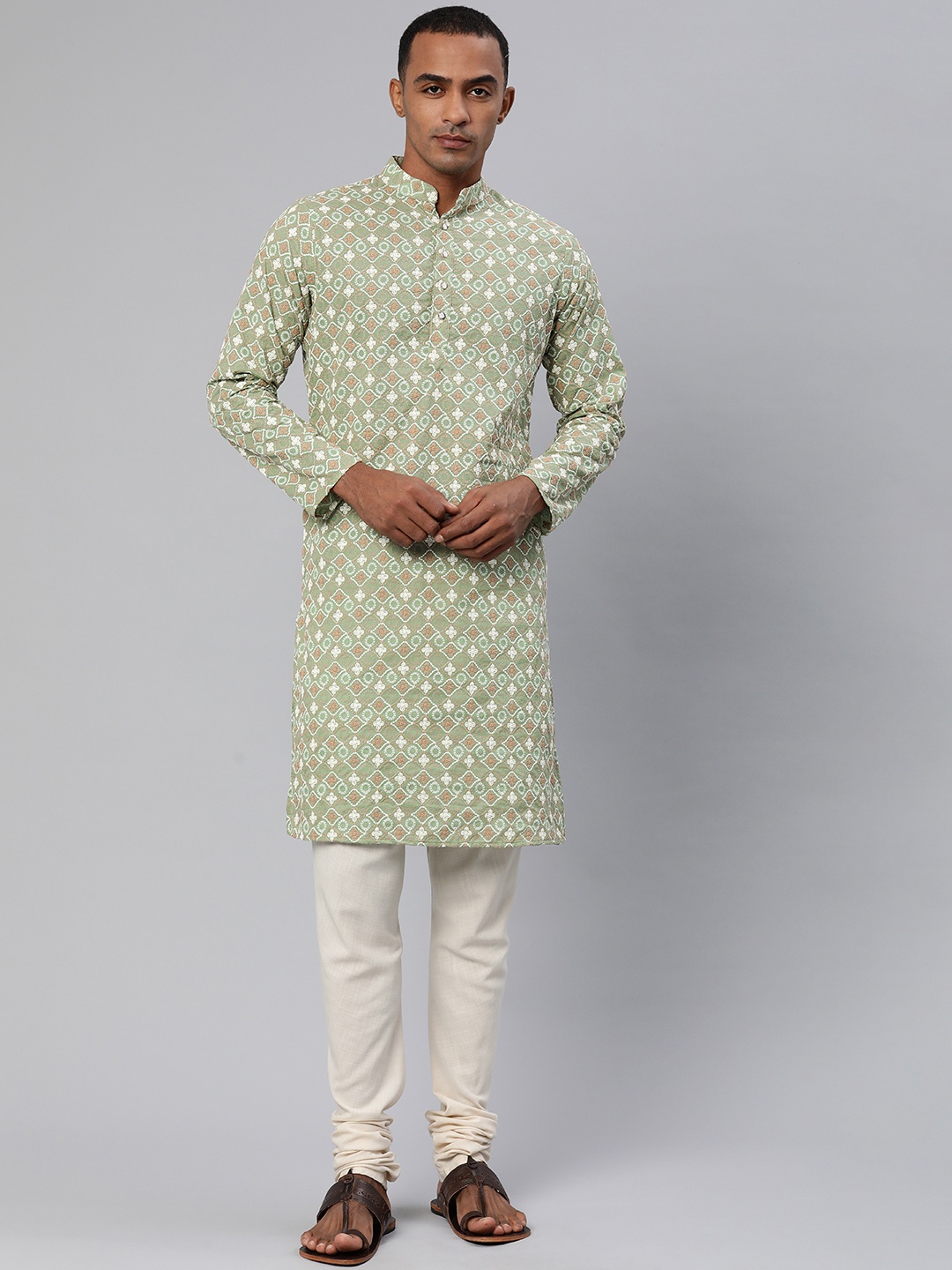 

Majestic Man Ethnic Motifs Embroidered Chikankari Kurta, Green