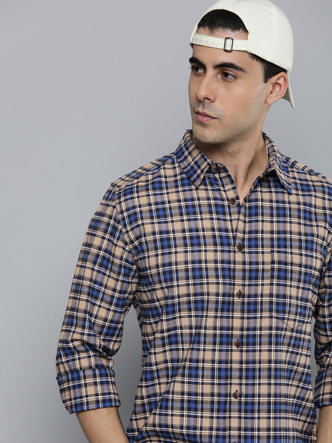 

R.Code by The Roadster Life Co. Men Classic Tartan Checks Casual Shirt, Navy blue
