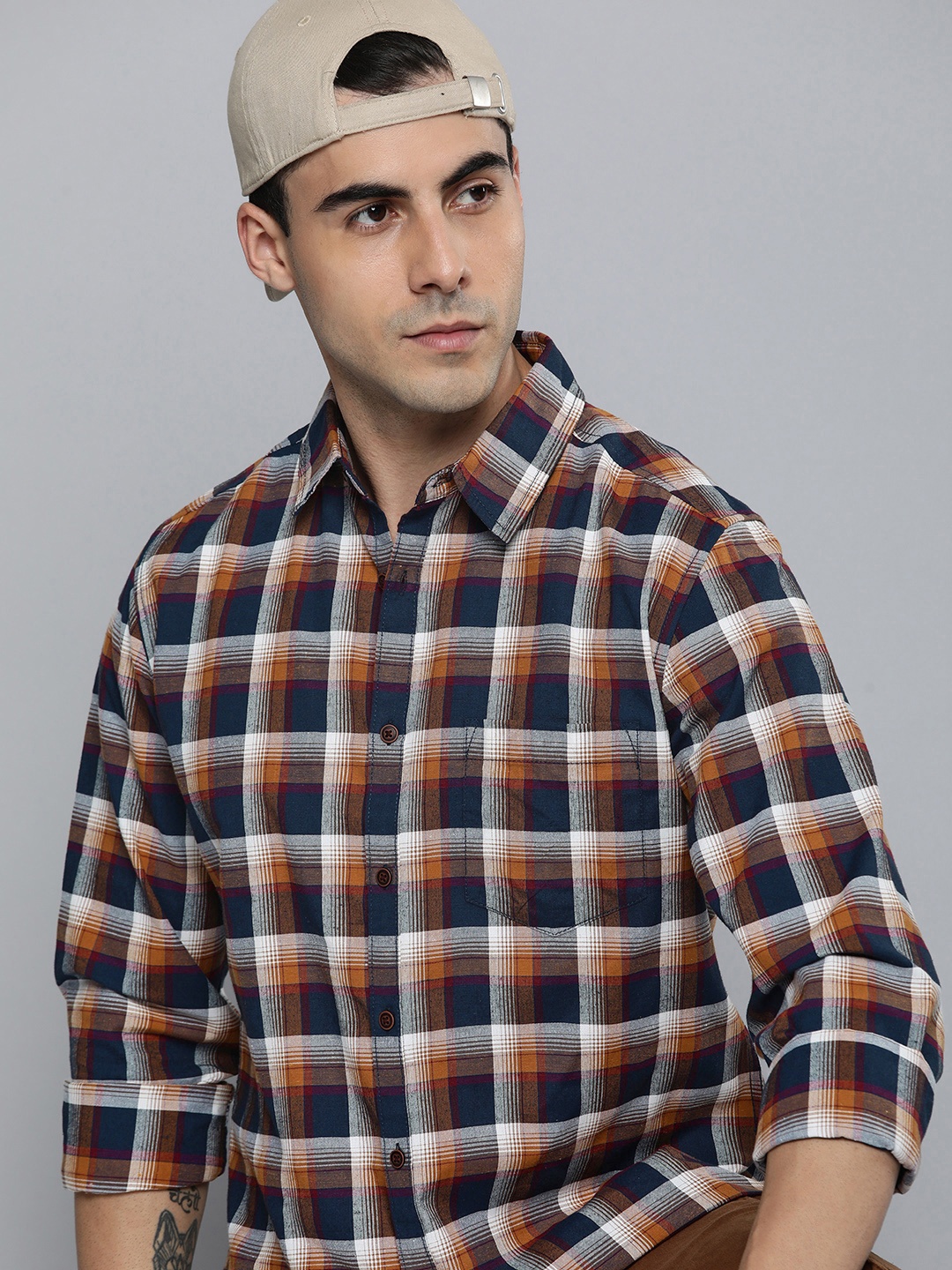 

R.Code by The Roadster Life Co. Men Classic Tartan Checks Casual Shirt, Brown