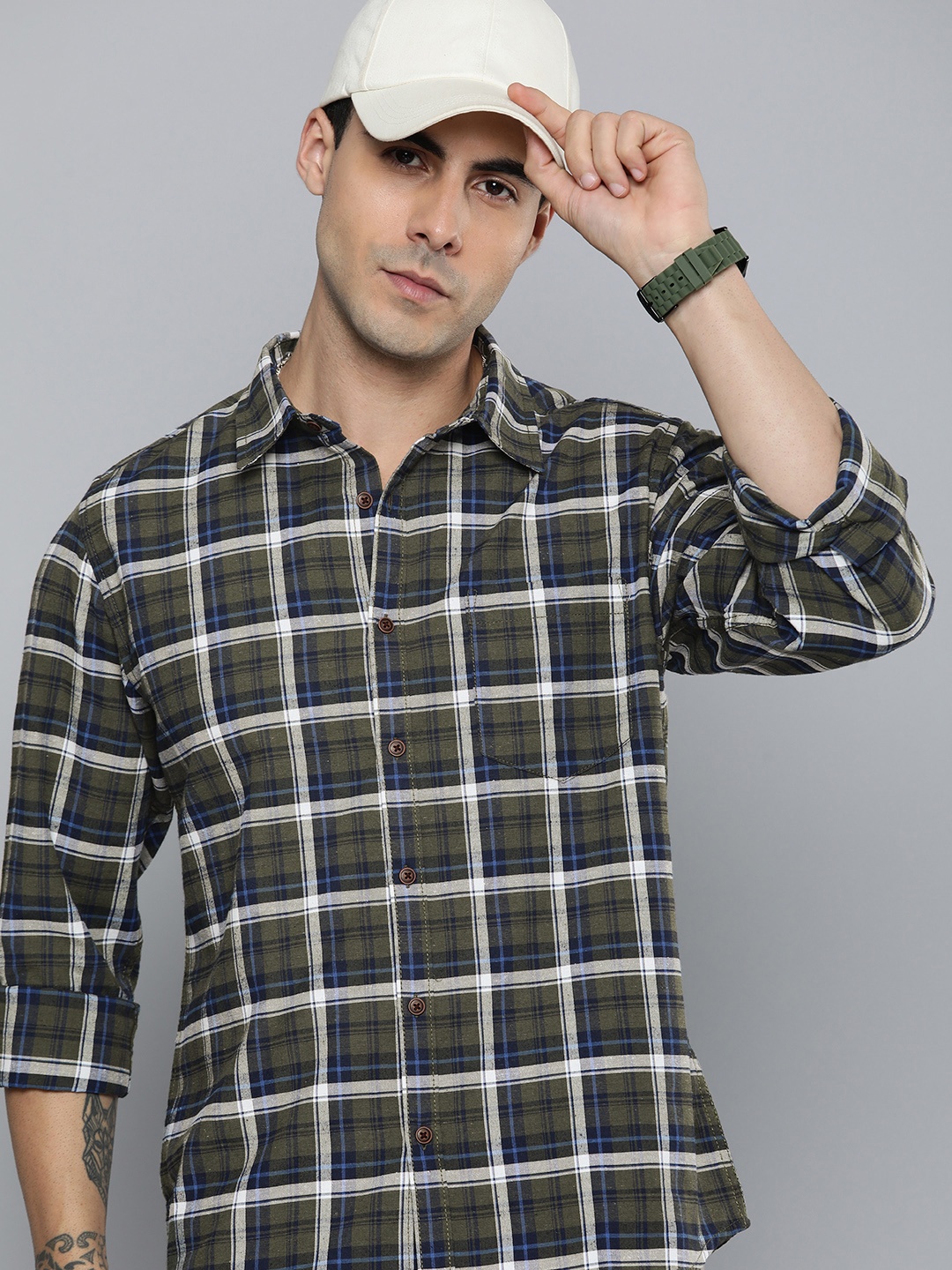 

R.Code by The Roadster Life Co. Men Classic Tartan Checks Casual Shirt, Olive