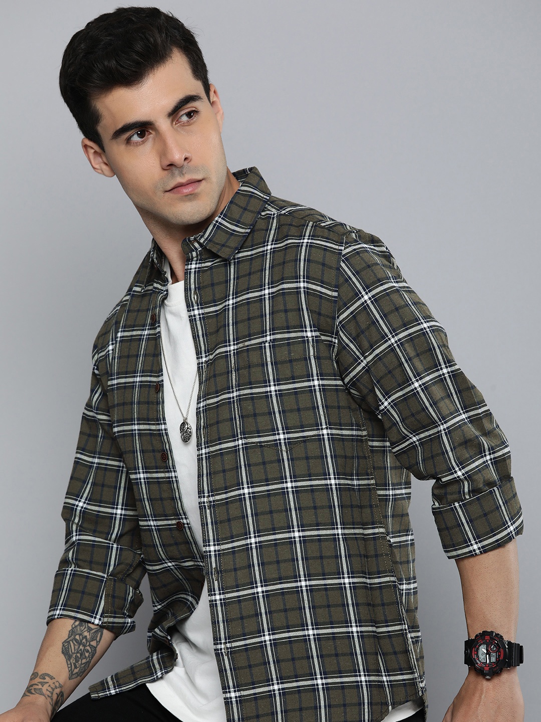 

R.Code by The Roadster Life Co. Men Classic Tartan Checked Casual Shirt, Green