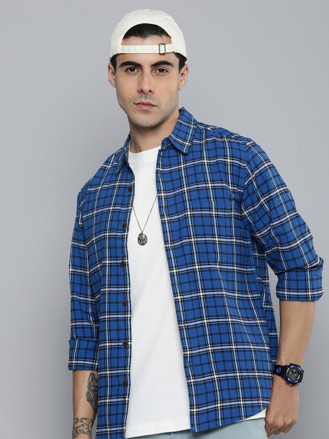 

R.Code by The Roadster Life Co. Classic Tartan Checked Casual Shirt, Blue