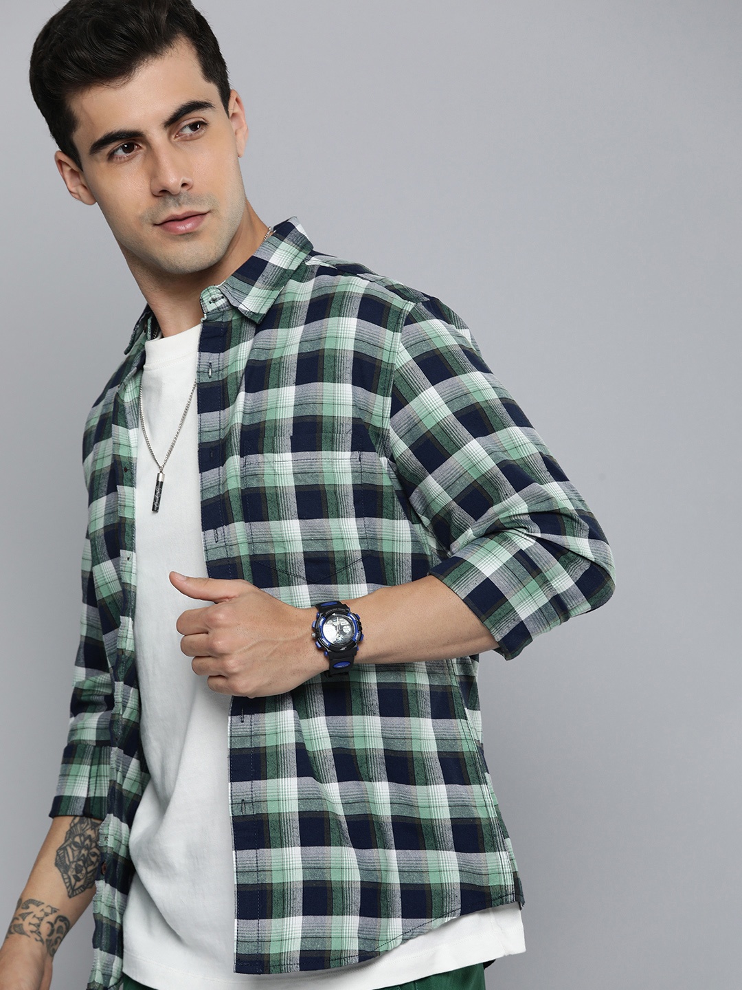 

R.Code by The Roadster Life Co. Classic Checked Casual Shirt, Green
